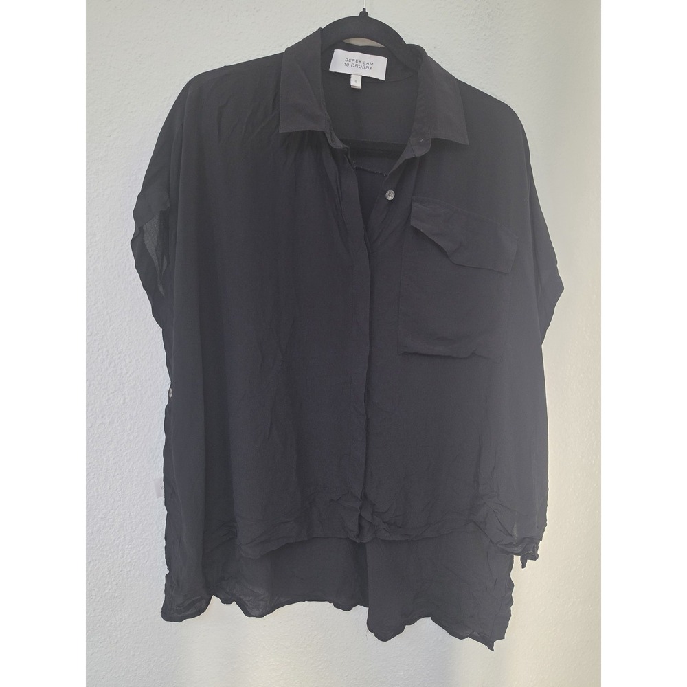 Derek Lam 10 Crosby Silk Blend Button-Down Shirt Size 8 Black Solid Top Blouse